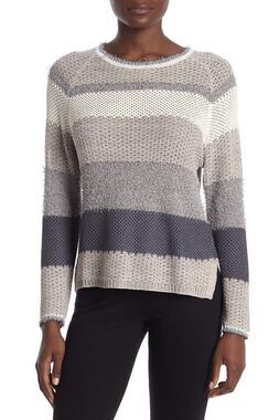 CENY NWT Oatmeal Gray Stripe Open Knit Sweater Size Large